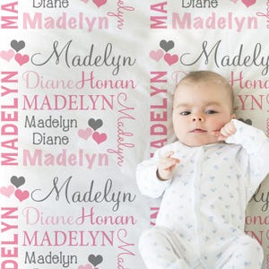 Hearts Name Blanket in pink and gray for Baby Girl, personalized baby gift, blanket, baby blanket, personalized blanket, choose colors