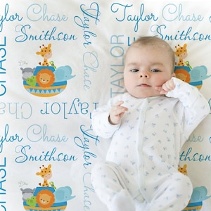Blue Noah&#39;s Ark baby blanket, personalized religious baby gift Noah&#39;s ark animals blanket boy girl baby custom blanket, choose color