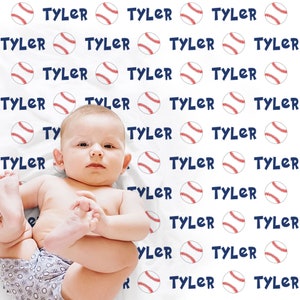Personalized baseball blanket, baseball baby boy swaddle blanket, sports ball newborn name blanket, baseball baby gift, red navy baseball