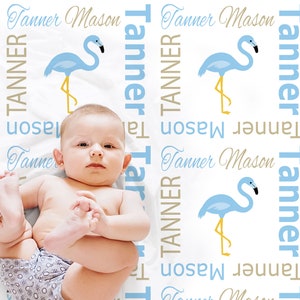 Flamingo boys baby blanket,  personalized newborn flamingo name blanket, swaddle blanket with blue flamingos, flamingo baby gift with name