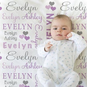 Hearts Name Blanket in purple and gray for Baby Girl, personalized baby gift, blanket, baby blanket, personalized blanket, choose colors