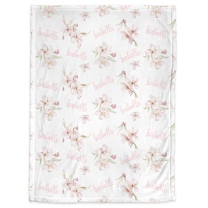 Personalized floral baby blanket, cherry blossoms newborn swaddle blanket with name, watercolor floral girl baby gift image 3