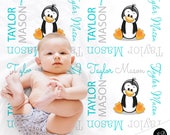 Penguin baby blanket, personalized winter penguin blanket, newborn swaddle blanket, penguin baby gift, boy or girls CHOOSE COLORS Il_170x135