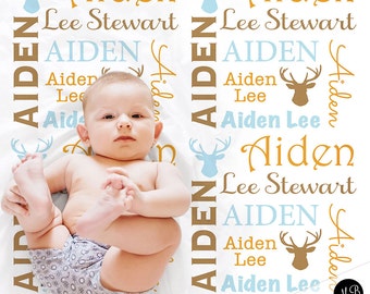 Deer personalized baby blanket, newborn antler boy or girl name blanket, hunting deer rack swaddle, deer theme baby gift, (CHOOOSE COLORS)