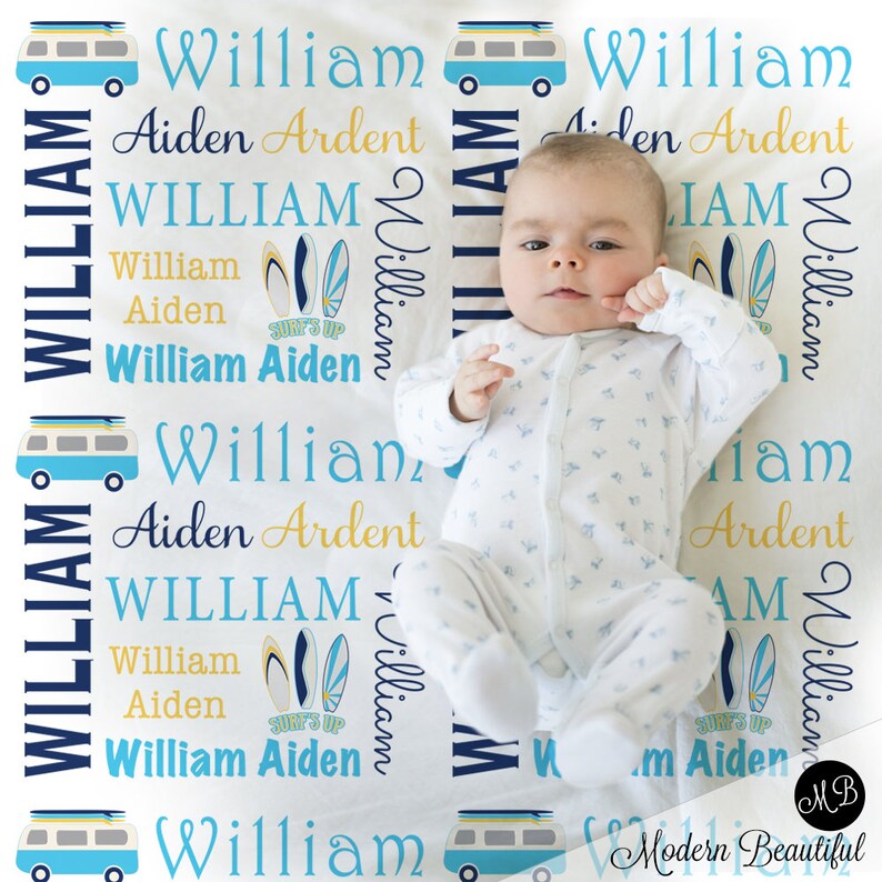 Surfboard baby blanket, boy beach theme name blanket, newborn surfer baby swaddle blanket, personalized surfing baby gift, CHOOSE COLORS image 3