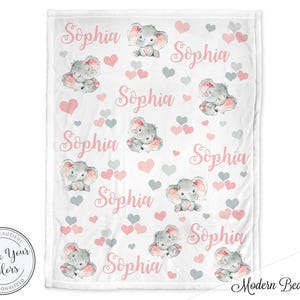 Elephant baby blanket, hearts elephant personalized name blanket, newborn baby swaddle blanket, watercolor elephant baby gift, pink and gray image 3