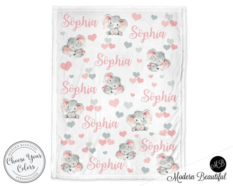 Elephant baby blanket, hearts elephant personalized name blanket, newborn baby swaddle blanket, watercolor elephant baby gift, pink and gray image 3