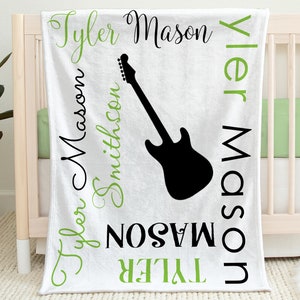 Music guitar baby blanket, guitar boy or girl name blanket, personalized newborn music baby gift, electric guitar swaddle (CHOOSE COLORS)