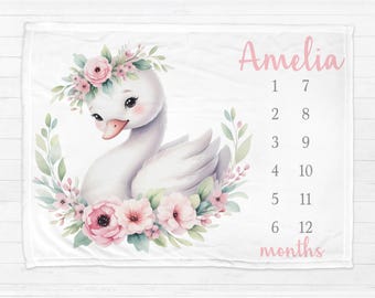 Swan milestone blanket, baby girl personalized flowers swan gift, monthly growth tracker, pretty floral name baby blanket