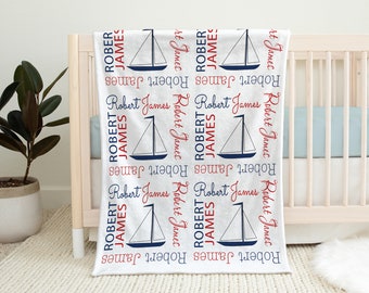 Sailboat personalized baby blanket, red navy nautical newborn blanket, boy or girl boat baby swaddle, nautical baby gift, (CHOOSE COLORS)