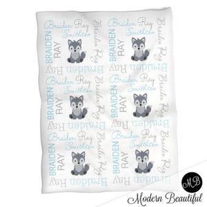 Wolf baby boy blanket in blue and gray, wolf personalized newborn blanket, wolf baby name swaddle, boy or girl wolf baby gift, choose colors image 2