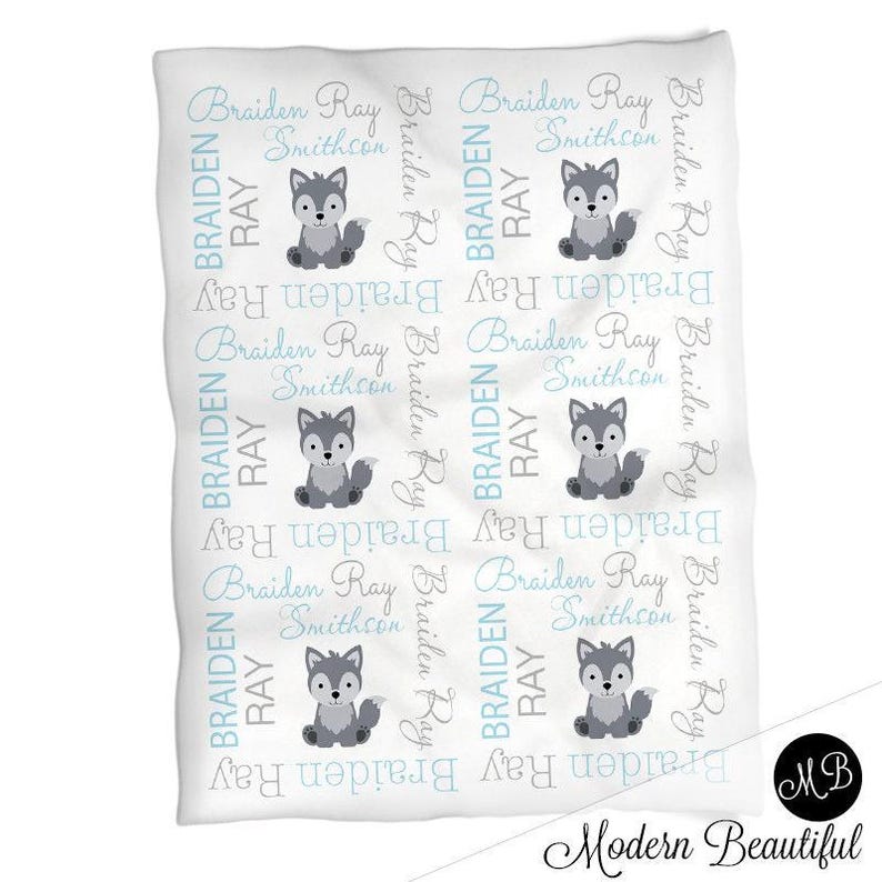 Wolf baby boy blanket in blue and gray, wolf personalized newborn blanket, wolf baby name swaddle, boy or girl wolf baby gift, choose colors image 2