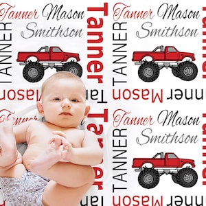 Monster truck baby blanket personalized truck gift for baby name blanket red and black big monster truck baby boys gift newborn swaddle