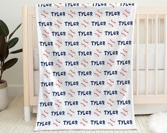 Baby Baseball Blanket: Custom Name Swaddle (Red Navy Colors or Choose)