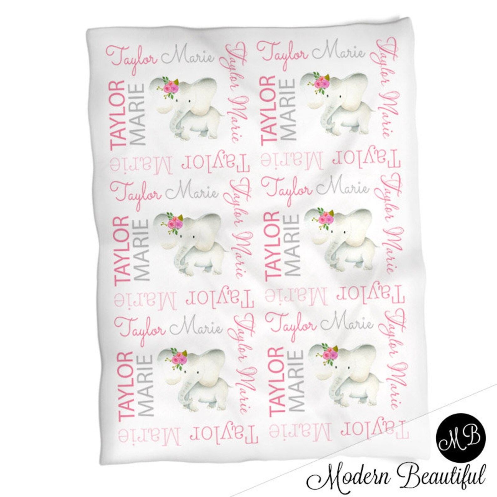 Baby Girl Elephant Name Blanket in Pink and Gray, Personalized Baby