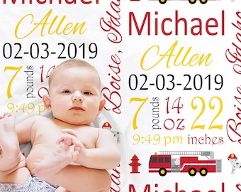Baby birth stats firetruck blanket boys personalized firetruck birth info blanket fireman newborn gift fire fighter newborn baby swaddle