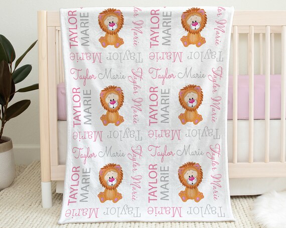 Personalized baby girl lion blanket, baby girl name blanket with lions, newborn lion baby gift, swaddle blanket with lions (CHOOSE COLORS) Il_570xn