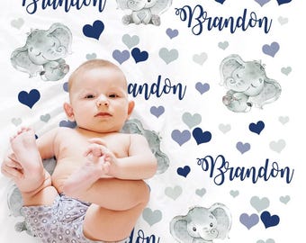 Personalized Elephant Baby Blanket Navy Hearts, Custom Newborn or  Toddler Gift