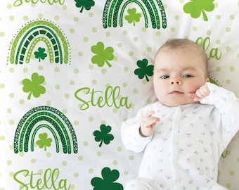 Rainbow shamrock personalized baby blanket, st patricks lucky girls name swaddle blanket, clover newborn baby shamrocks clover lucky gift