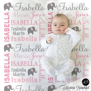 Elephant Name Blanket in pink and gray for Baby Girl, personalized baby gift, blanket, baby blanket, personalized blanket, choose colors image 1