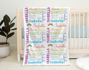 Rainbow baby blanket, personalized rainbow clouds blanket with name, boy or girl rainbow swaddle, gift for rainbow baby, rainbow name gift