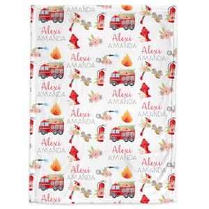 Fire trucks baby girl blanket, personalized fireman blanket with name, newborn first responder baby gift, baby boy or girl CHOOSE COLORS image 3