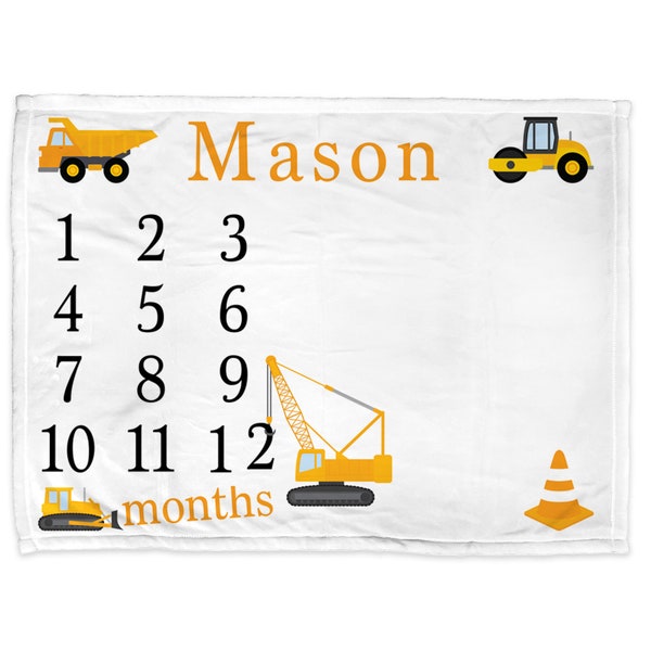 Construction milestone name baby blanket, dump truck personalized newborn monthly milestone blanket, boys construction growth blanket