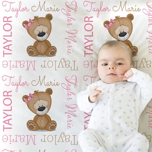 Pink teddy bear baby blanket, personalized newborn bear name blanket, teddy bear baby gift, bear baby girl swaddle, blanket with cute bears