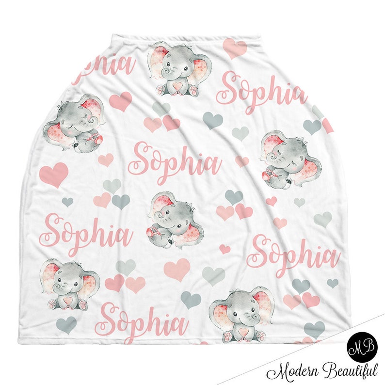 Elephant custom infant car seat cover, baby elephant car seat canopy cover, boy, girl, personalized baby name carseat cover, nursing privacy image 2