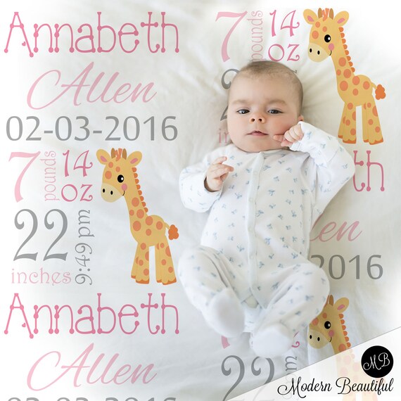Birth Stats baby gift blanket with giraffes, girl personalized blanket, stats blanket, girl baby blanket, baby shower gift, giraffe gift Il_570xn
