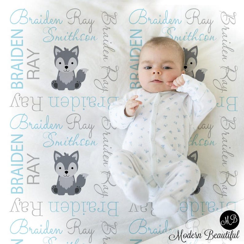 Wolf baby boy blanket in blue and gray, wolf personalized newborn blanket, wolf baby name swaddle, boy or girl wolf baby gift, choose colors image 3
