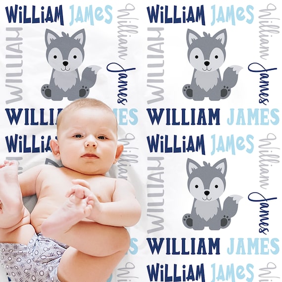 Couverture bébé garçon loup en bleu et gris, couverture nouveau-né  personnalisée loup, emmailloter prénom loup bébé, cadeau bébé loup garçon  ou fille, couleurs au choix -  France