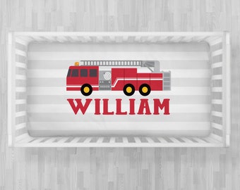 Firetruck crib sheet, personalized firetruck baby crib sheet, boy, girl, fireman crib sheet with baby name- custom fitted crib sheet