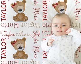 Personalized Teddy Bear Baby Blanket: Girl Newborn Swaddle with Name