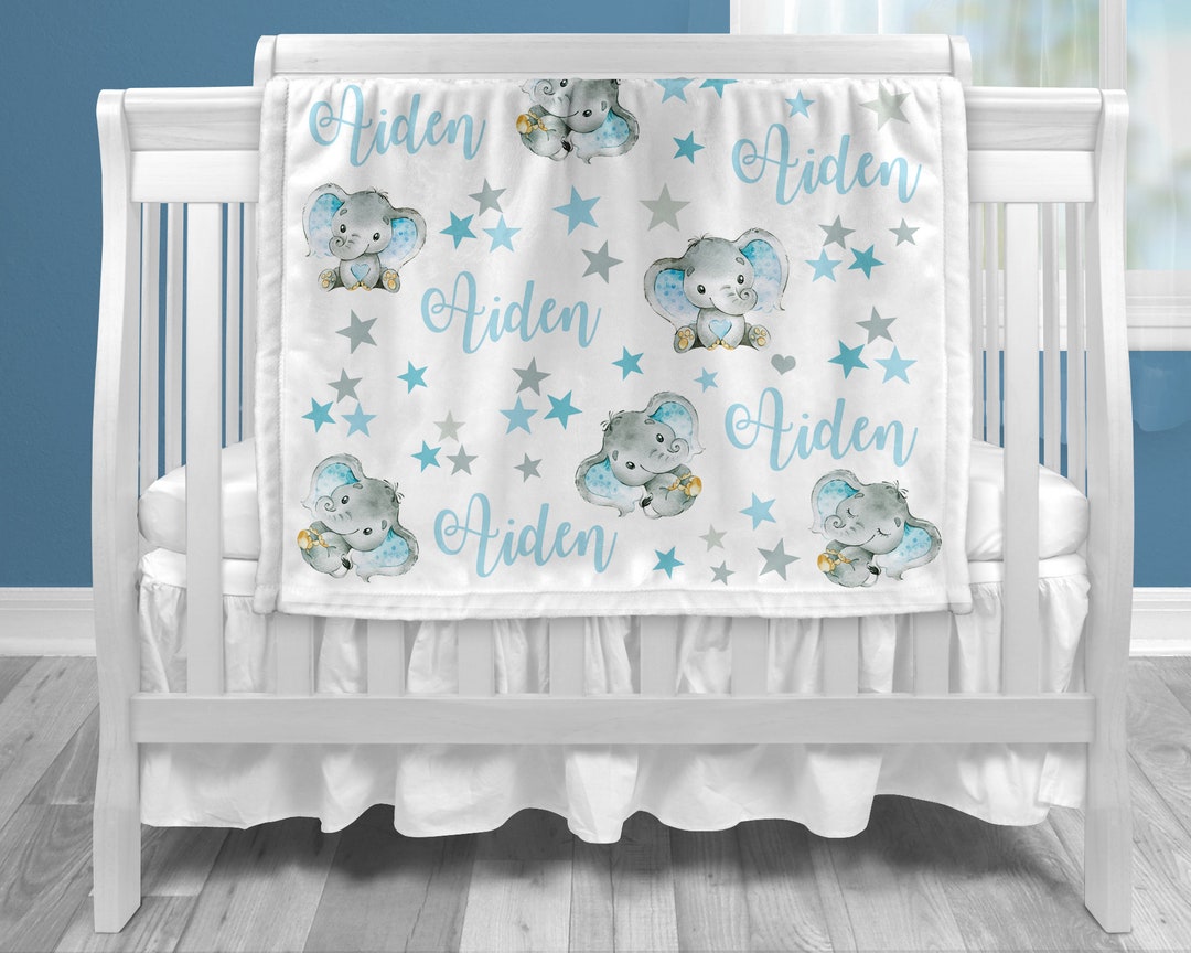 Elephant Star Blue Baby Blanket Personalized, Boy, Blue, Baby Name