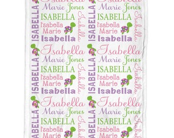 Baby girl sea turtle blanket, personalized turtle baby name swaddle blanket, sea animal newborn baby gift, pink, green purple turtle blanket