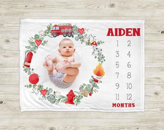 Manta personalizada con diseño de camión de bomberos para bebés – Accesorio fotográfico para recién nacidos (niño)