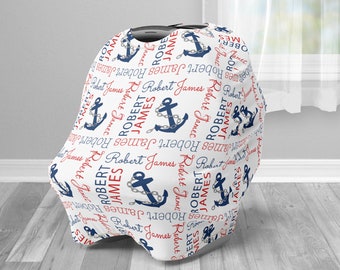 Nautical car seat canopy cover for boy or girl, custom infant car seat cover, personalized baby name carseat cover, nursing privacy cover