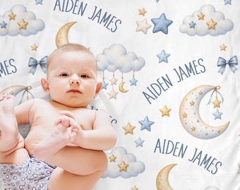 Personalized Moon Stars Baby Name Blanket, Boy Baby Swaddle Gift with Moon and Blue Clouds, Moon Baby Gift