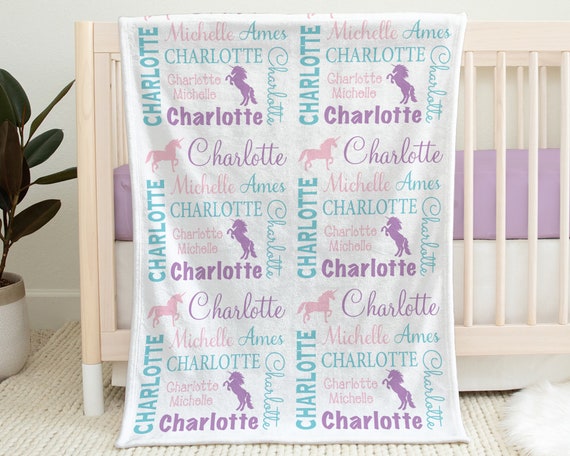 Personalized unicorn baby blanket, newborn baby girl swaddle blanket with name, pink and purple baby gift with unicorns, (CHOOSE COLORS) Il_570xn