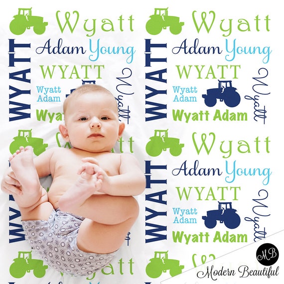 Personalized tractor baby blanket, farm tractor newborn blanket with