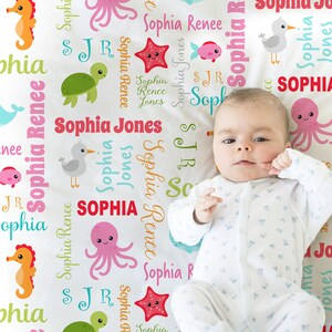 Under the sea baby name blanket, baby girl blanket with ocean animals, personalized newborn sea animal swaddle, under the sea baby gift
