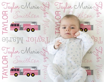 Baby girl firetruck blanket, firefighter personalized blanket, fireman name blanket, firetruck baby gift, personalized blanket, choose color