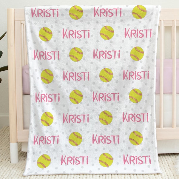 Baby girl softball blanket, personalized baby gift, softball baby blanket, personalized sports name blanket, girl sport blanket