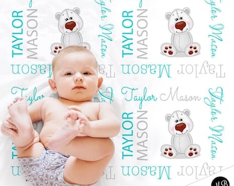 Polar bear baby boy blanket personalized newborn baby name blanket bear theme custom baby swaddle blanket (CHOOSE COLORS)