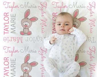 Personalized Bunny Baby Blanket - Custom Name Fleece Swaddle, Easter Infant or Toddler Gift