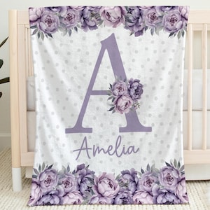 Personalized girl baby blanket monogram flower name initial newborn girl blanket purple peony floral baby gift purple flower swaddle