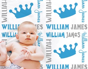 Personalized Prince Baby Blanket: Blue and Gray Crown Swaddle