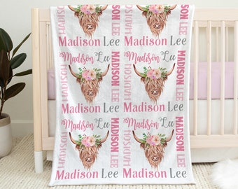 Pink highland cow baby name blanket, pretty cow baby blanket with flowers, personalized girl floral farm gift, toddler, big kid size HCG