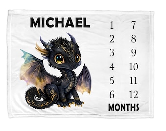 Dragon personalized milestone blanket, custom newborn monthly photo blanket, boys dragon birth info blanket, dragon baby gift, boy or girls